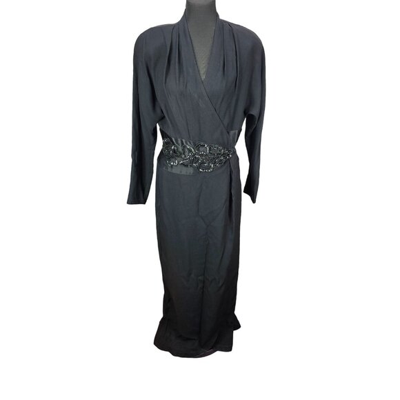 Vintage Cachet Bari Protas Black Dress Beaded Waist Womens Sz M Long Sleeve Gown - Picture 2 of 16